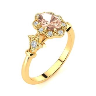 1 Carat Oval Shape Morganite and Halo Diamond Vintage Ring In 14 Karat Yellow Gold