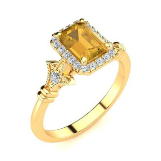 1 Carat Citrine and Halo Diamond Vintage Ring In 14 Karat Yellow Gold