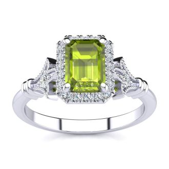 1 1/2 Carat Peridot and Halo Diamond Vintage Ring In 14 Karat White Gold