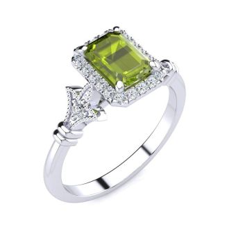 1 1/2 Carat Peridot and Halo Diamond Vintage Ring In 14 Karat White Gold