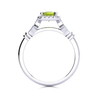 1 1/2 Carat Peridot and Halo Diamond Vintage Ring In 14 Karat White Gold