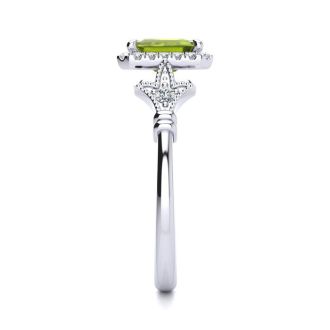 1 1/2 Carat Peridot and Halo Diamond Vintage Ring In 14 Karat White Gold