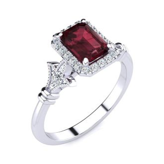 Garnet Ring: Garnet Jewelry: 1 1/2 Carat Garnet and Halo Diamond Vintage Ring In 14 Karat White Gold