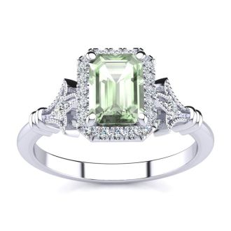 1 Carat Green Amethyst and Halo Diamond Vintage Ring In 14 Karat White Gold
