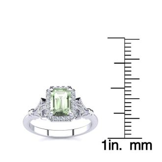 1 Carat Green Amethyst and Halo Diamond Vintage Ring In 14 Karat White Gold