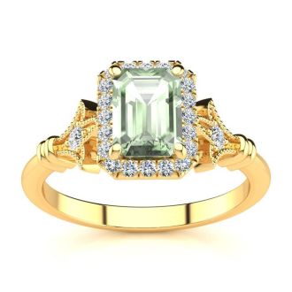 1 Carat Green Amethyst and Halo Diamond Vintage Ring In 14 Karat Yellow Gold