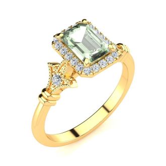 1 Carat Green Amethyst and Halo Diamond Vintage Ring In 14 Karat Yellow Gold
