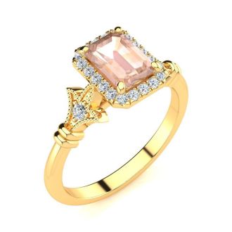 1 Carat Morganite and Halo Diamond Vintage Ring In 14 Karat Yellow Gold