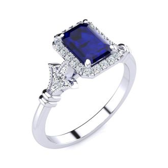 1 1/2 Carat Sapphire and Halo Diamond Vintage Ring In 14 Karat White Gold