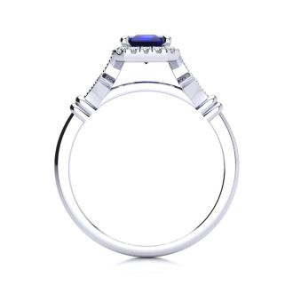 1 1/2 Carat Sapphire and Halo Diamond Vintage Ring In 14 Karat White Gold