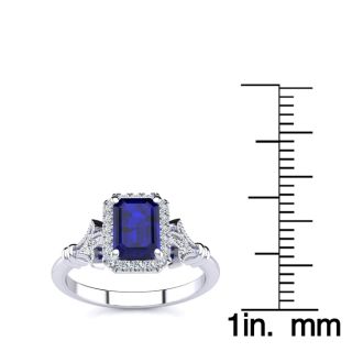 1 1/2 Carat Sapphire and Halo Diamond Vintage Ring In 14 Karat White Gold