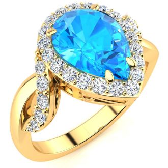 2 1/2ct Pear Shape Blue Topaz and Diamond Ring in 14K Yellow Gold