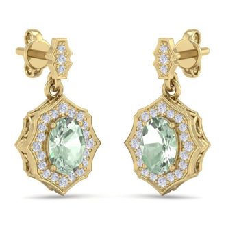 1 2/3 Carat Oval Shape Green Amethyst and Diamond Dangle Earrings In 14 Karat Yellow Gold
