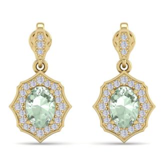 1 2/3 Carat Oval Shape Green Amethyst and Diamond Dangle Earrings In 14 Karat Yellow Gold