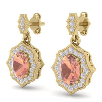 1-3/4 Carat Oval Shape Morganite Earrings and Diamond Halo Dangles In 14 Karat Yellow Gold