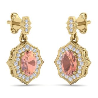 1-3/4 Carat Oval Shape Morganite Earrings and Diamond Halo Dangles In 14 Karat Yellow Gold