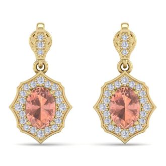 1-3/4 Carat Oval Shape Morganite Earrings and Diamond Halo Dangles In 14 Karat Yellow Gold