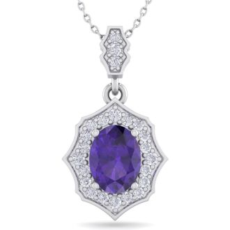 1 1/3 Carat Oval Shape Amethyst and Diamond Necklace In 14 Karat White Gold, 18 Inches