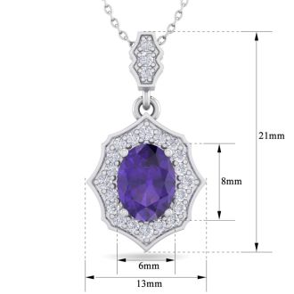 1 1/3 Carat Oval Shape Amethyst and Diamond Necklace In 14 Karat White Gold, 18 Inches