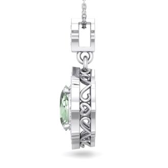 1 1/3 Carat Oval Shape Green Amethyst and Diamond Necklace In 14 Karat White Gold, 18 Inches
