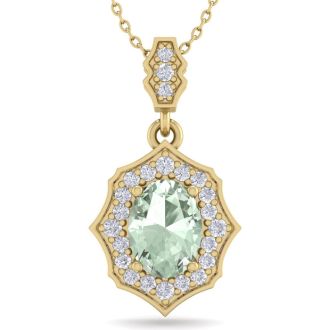 1 1/3 Carat Oval Shape Green Amethyst and Diamond Necklace In 14 Karat Yellow Gold, 18 Inches