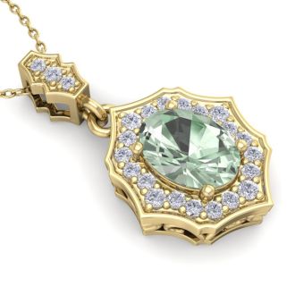 1 1/3 Carat Oval Shape Green Amethyst and Diamond Necklace In 14 Karat Yellow Gold, 18 Inches
