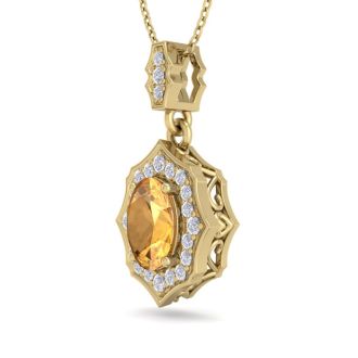1 1/3 Carat Oval Shape Citrine and Diamond Necklace In 14 Karat Yellow Gold, 18 Inches