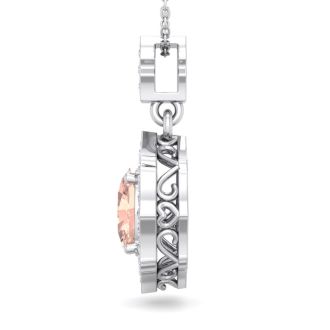 1-1/2 Carat Oval Shape Morganite Necklace With Fancy Diamond Halo In 14 Karat White Gold With18 Inch Chain