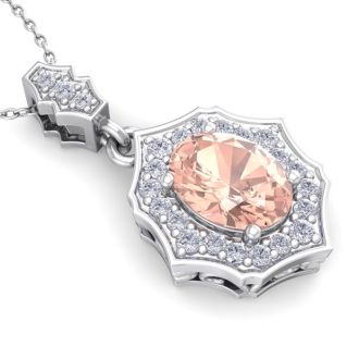 1-1/2 Carat Oval Shape Morganite Necklace With Fancy Diamond Halo In 14 Karat White Gold With18 Inch Chain