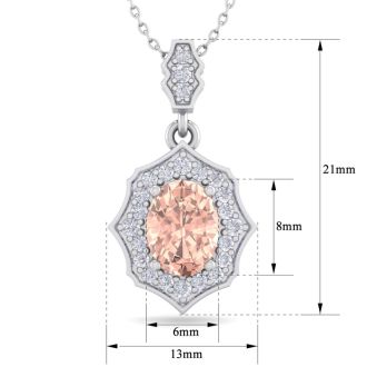 1-1/2 Carat Oval Shape Morganite Necklace With Fancy Diamond Halo In 14 Karat White Gold With18 Inch Chain