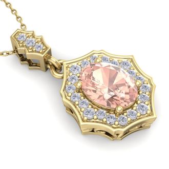 1-1/2 Carat Oval Shape Morganite Necklace With Fancy Diamond Halo In 14 Karat Yellow Gold With18 Inch Chain