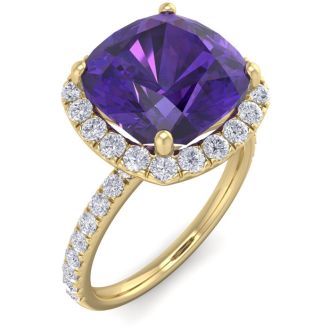 5 1/2 Carat Cushion Cut Amethyst and Diamond Ring In 14 Karat Yellow Gold