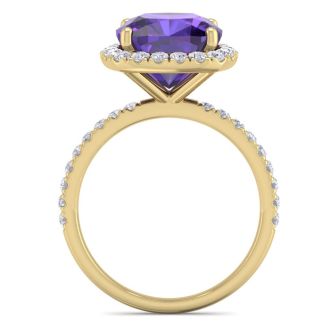 5 1/2 Carat Cushion Cut Amethyst and Diamond Ring In 14 Karat Yellow Gold