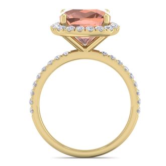5 Carat Cushion Cut Morganite and Diamond Ring In 14 Karat Yellow Gold