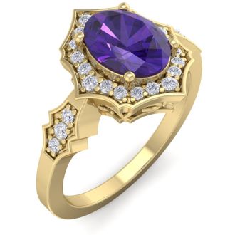 1 1/3 Carat Oval Shape Amethyst and Diamond Ring In 14 Karat Yellow Gold