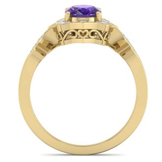 1 1/3 Carat Oval Shape Amethyst and Diamond Ring In 14 Karat Yellow Gold