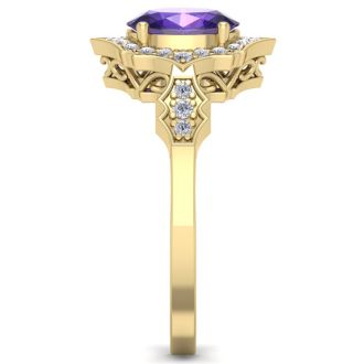 1 1/3 Carat Oval Shape Amethyst and Diamond Ring In 14 Karat Yellow Gold