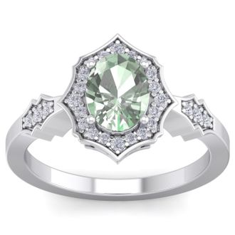 1 1/3 Carat Oval Shape Green Amethyst and Diamond Ring In 14 Karat White Gold