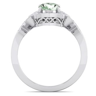 1 1/3 Carat Oval Shape Green Amethyst and Diamond Ring In 14 Karat White Gold
