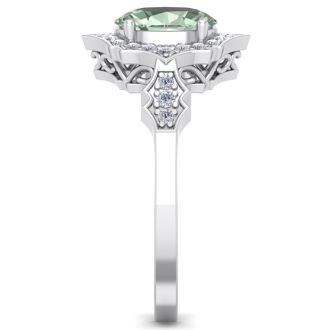 1 1/3 Carat Oval Shape Green Amethyst and Diamond Ring In 14 Karat White Gold