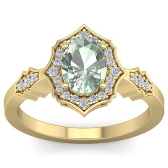 1 1/3 Carat Oval Shape Green Amethyst and Diamond Ring In 14 Karat Yellow Gold