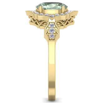 1 1/3 Carat Oval Shape Green Amethyst and Diamond Ring In 14 Karat Yellow Gold