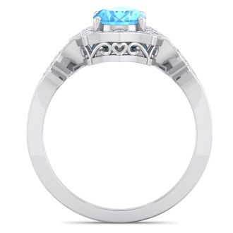 1 3/4 Carat Oval Shape Blue Topaz and Diamond Ring In 14 Karat White Gold