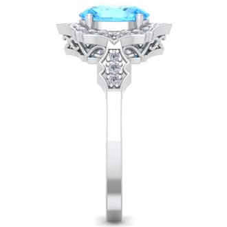 1 3/4 Carat Oval Shape Blue Topaz and Diamond Ring In 14 Karat White Gold