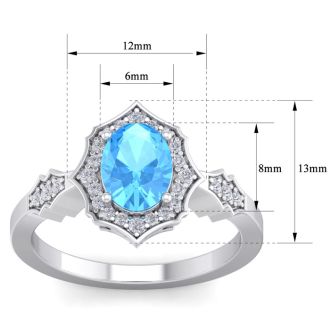 1 3/4 Carat Oval Shape Blue Topaz and Diamond Ring In 14 Karat White Gold