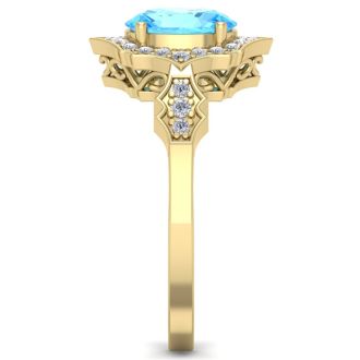 1 3/4 Carat Oval Shape Blue Topaz and Diamond Ring In 14 Karat Yellow Gold