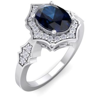 1 3/4 Carat Oval Shape Sapphire and Diamond Ring In 14 Karat White Gold