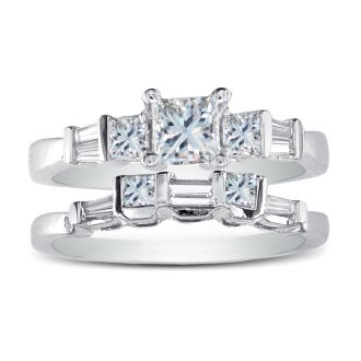 Estate Jewelry 1 Carat Princess and Baguette Created Diamond Bridal Set in Sterling Silver, Size 7