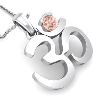 1/4 Carat Round Shape Morganite Om Necklace In 14 Karat White Gold With 18 Inch Chain