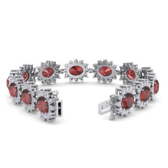 Garnet Bracelet: Garnet Jewelry: 24 Carat Oval Shape Garnet and Halo Diamond Bracelet In 14 Karat White Gold, 7 Inches